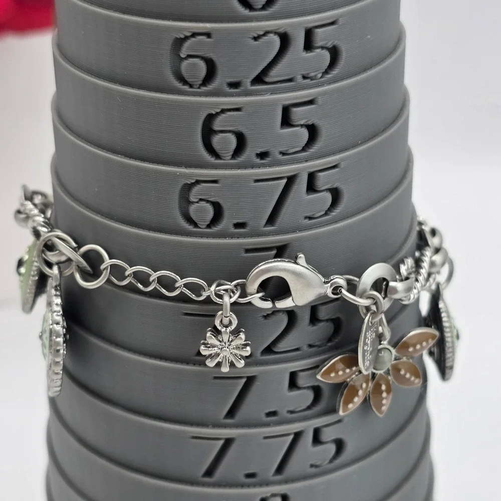 Lia Sophia Silver Tone Enamel Floral Charm Bracelet Green Brown Rhinestone 8.5in